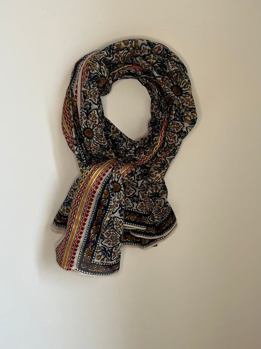 Echarpe en coton block print rosace bleu marine