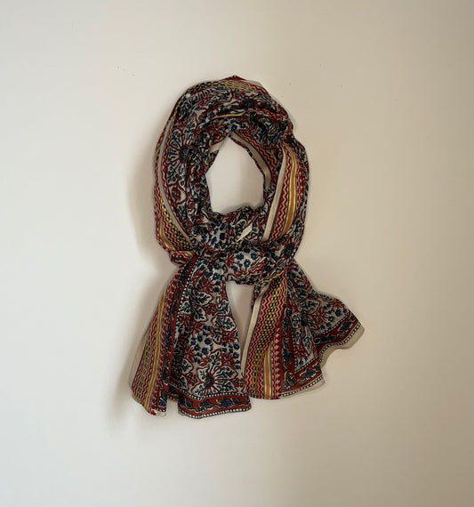 Echarpe en coton block print rosace bordeau