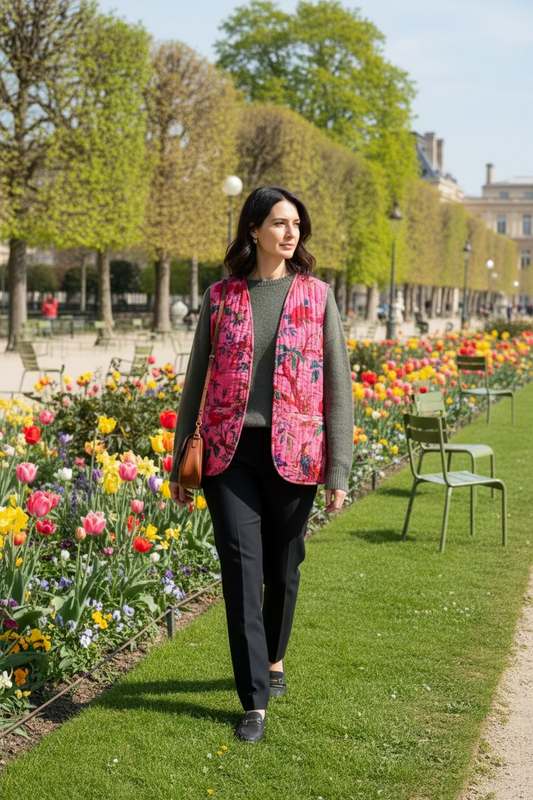 Gilet velours impression oiseau rose